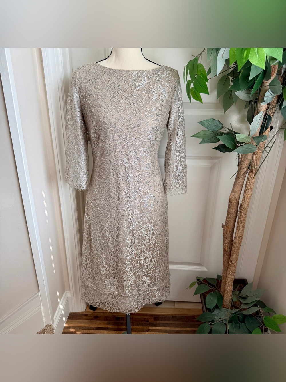 Calvin Klein Metallic Lace Sheath Midi Dress Silver Taupe Sz 6
